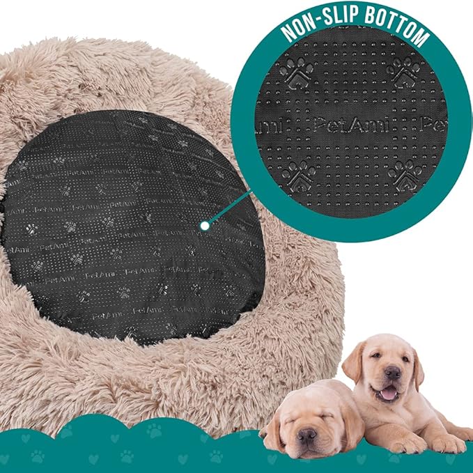 PetAmi Calming Dog Bed for Small & Medium Dogs and Cats, 23” Round Donut Dog Bed, Washable Fluffy Faux Fur Puppy & Cat Bed, Anti-Anxiety Plush Cuddler Pet Bed with Anti-Slip Bottom - Taupe
