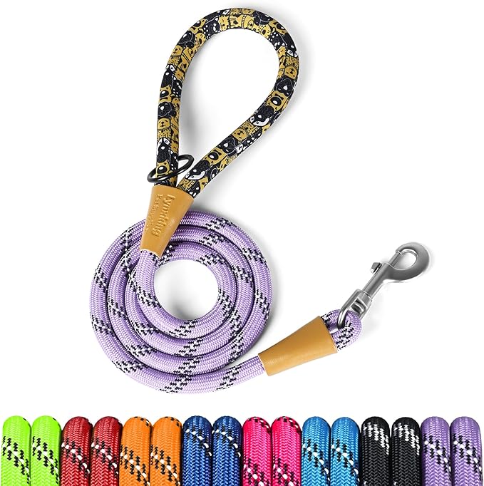 lynxking Rope Dog Leash 6 FT with Comfortable Padded Handle, Highly Reflective Threads Leash for Small Medium Large Dogs (Light Purple, Large 1/2in x 6ft-Rope Clasp)