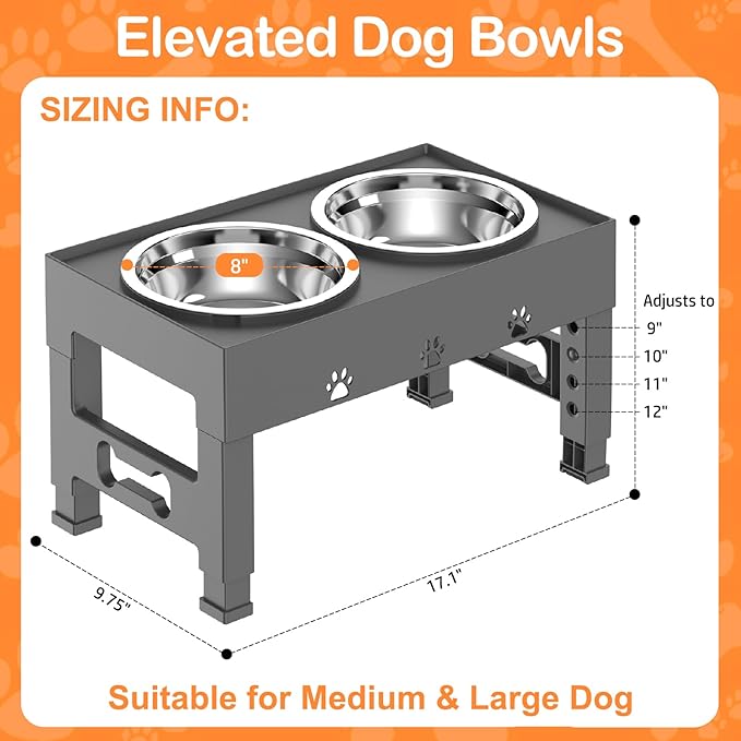 LAKIPETN Elevated Dog Bowls with 2 Stainless Steel Bowls, Raised Dog Food Bowl Stand 5 Height Adjustable (3.1", 9", 10", 11", 12") Non-Slip Feeder Set for Medium and Large Dogs - Gray