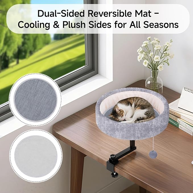 Chumajor Cat Desk Bed - 360° Rotating & Adjustable, Supports 44 lbs, Soft Faux Fur with Dual-Sided Reversible Mat, Modern Indoor Cat Nest Furniture for Office Desks and Game Tables, Island Table