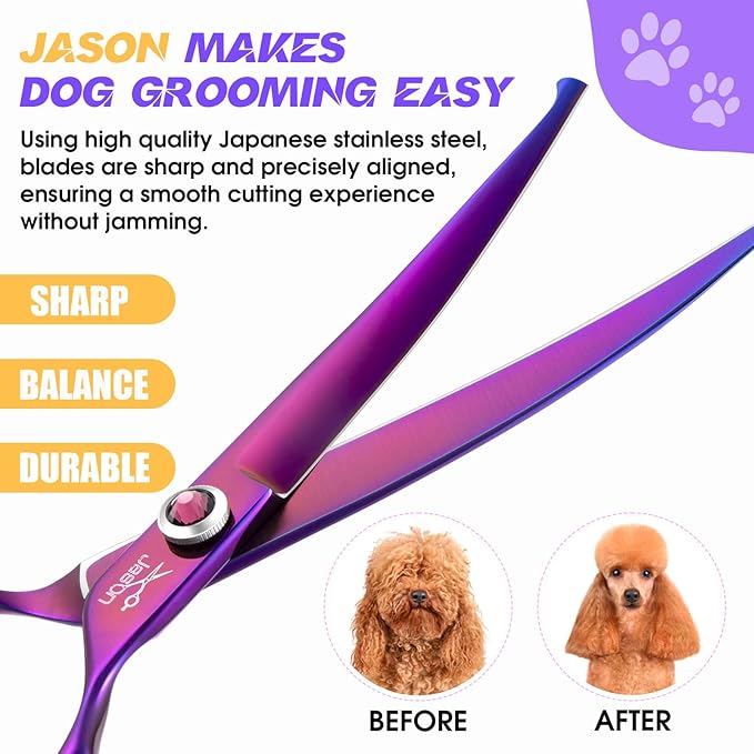 JASON Dog Scissors for Grooming - 7.5" Curved Scissors for Dog Grooming with Round Tips, Japanese 440C Stainless Steel Curved Shears with Diamond Adjustable Screw Christmas Gift