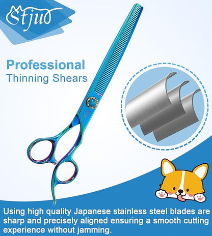 Stjuo 7.5'' Dog Thinning Scissors for Grooming 440C Stainless Steel Green Professional Pet Trimming Scissors Sharp Blades Cutting for Dogs and Cats Shears