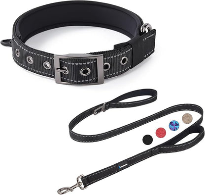 Annchwool Adjustable Dog Collar and 5 FT Leash Set with Heavy Duty Metal Buckle–Comfortable Lining Reflective Collar & Dual-Handles for Small Medium Large Dogs Walking,Running(Black Set,L:17’‘-23’‘)