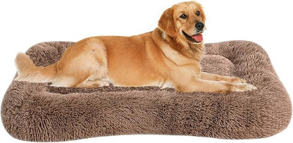 Coohom Deluxe Plush Bed Pet Cushion Crate Mat,Fulffy Comfy Kennel Anti-Slip Washable Pad for Medium Large X-Large Dogs(X-Large, Khaki)
