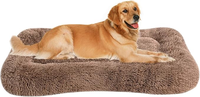 Coohom Deluxe Plush Dog Bed Pet Cushion Crate Mat,Fulffy Comfy Kennel Anti-Slip Washable Pad for Medium Large X-Large Dogs(XX-Large, Khaki)
