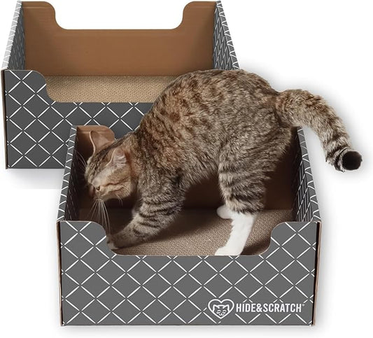 Hide & Scratch Cardboard Cat Scratcher Box & Bed - Dark Grey Diamond (2 Pack) | Double-Sided Corrugated Pad for Indoor Cats | Refillable Scratching Board Toy for Play & Furniture Protection