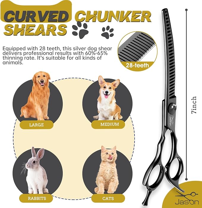 JASON 7" Curved Chunker Dog Scissors - Ergonomic Pet Scissors Black Curved Dog Shears 440C Stainless Steel Grooming Shears Professional Pet Shears For Groomer (28-Teeth, Down-curved) Christmas Gift