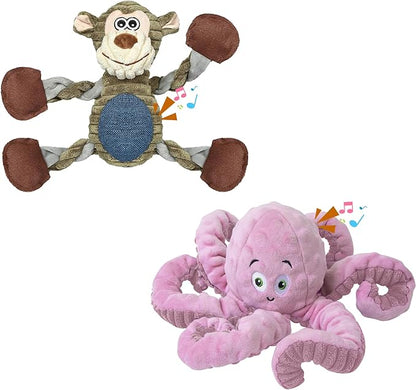 BUYPOW 2Pack Dog Toys for Large Dog - Plush Squeaky Medium & Small Dog Toys - Stuffed Animals Puppy Toys - (Monkey+Octopus Pink)