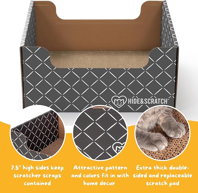 Hide & Scratch Cardboard Cat Scratcher Box & Bed - Dark Grey Diamond (2 Pack) | Double-Sided Corrugated Pad for Indoor Cats | Refillable Scratching Board Toy for Play & Furniture Protection