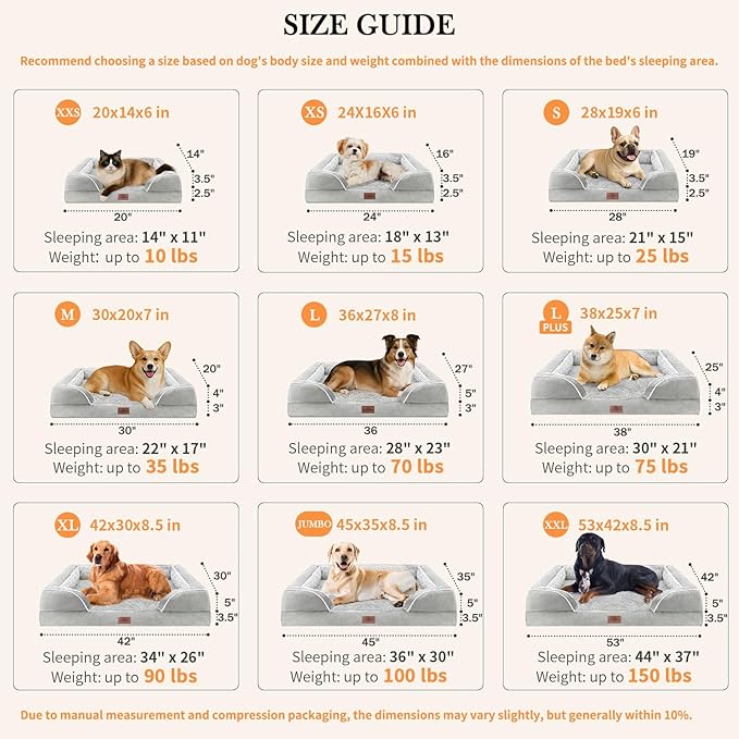 Comfort Expression Orthopedic Dog Bed for Medium Dogs 28x19 Inch, Waterproof Egg Crate Foam Medium Pet Bed with Removable Bolsters, Dog Couch with Washable Cover & Non-Slip Bottom, Grey White