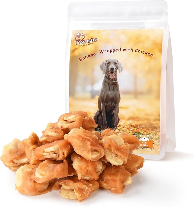 Pawmate Dog Treats Chicken Wrapped Banana Slices with 1% Taurine, Healthy Training Snacks Rich in Natural Fiber, Rawhide-Free Grain-Free Soft Chews for Small Medium Dogs, 10.6 oz