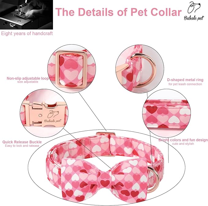 Valentines Dog Collar with Bow Tie - Love Heart Pattern Pink Bowtie Dog Collar Adjustable Heavy Duty Valentines Dog Collars for Small Medium Large Dogs XL