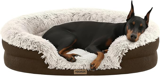 Miorun Fluffy Orthopedic Dog Bed for Extra Large Dogs, Calming Plush Sofa Bed with Curved Bolster Support and Egg-Crate Foam Base, 48" Cozy Oval Pet Donut Bed with Washable Cover, Coffee