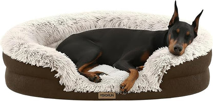 Miorun Fluffy Orthopedic Dog Bed for Extra Large Dogs, Calming Plush Sofa Bed with Curved Bolster Support and Egg-Crate Foam Base, 48" Cozy Oval Pet Donut Bed with Washable Cover, Coffee