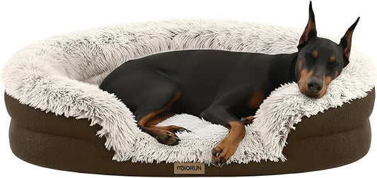 Miorun Fluffy Orthopedic Dog Bed for Extra Large Dogs, Calming Plush Sofa Bed with Curved Bolster Support and Egg-Crate Foam Base, 48" Cozy Oval Pet Donut Bed with Washable Cover, Coffee