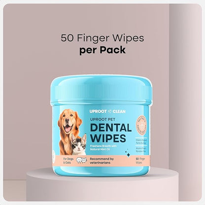 Uproot Clean Pet Dental Finger Wipes for Dogs & Cats (50ct.): Easy & Effective Cat and Dog Teeth Cleaning Wipes - Dog Dental Tissues for Plaque, Tartar, & Bad Breath - Safe, Rinse-Free, Disposable