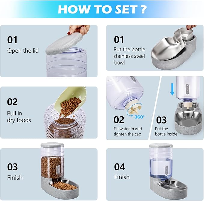 Automatic Cat Feeder and Water Dispenser with Stainless Steel Bowl Gravity Food Feeder and Waterer Set for Small Medium Dog Puppy Kitten 1 Gallon x 2(Grey)