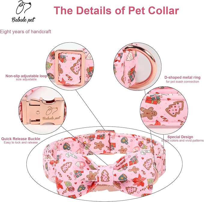 Christmas Dog Collar with Bow Tie - Sweet Chsiatmas Festival Pattern Pink Puppy Collar, Adjustable Metal Buckle Winter Bowtie Dog Collars for Small Medium Large Dogs M