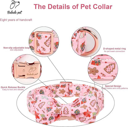 Christmas Dog Collar with Bow Tie - Sweet Chsiatmas Festival Pattern Pink Puppy Collar, Adjustable Metal Buckle Winter Bowtie Dog Collars for Small Medium Large Dogs L