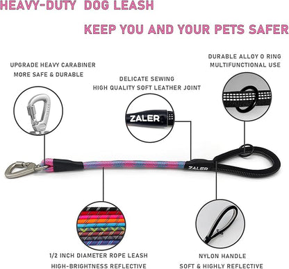ZALER Short Dog Leash, 18 Inches Rope Traffic Leashes for Dogs, Reflective Dog Lead with O-Ring, Heavy Duty Pet Leash for Large and Medium Dogs (18'' Blue Pink)