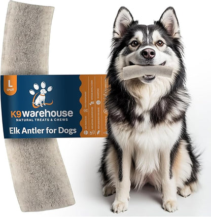 K9warehouse Natural Split Elk Antlers for Dogs - Premium Grade Dog Antler Chews - Long-Lasting Deer Antles Ideal for Aggressive Chewers - Safe USA Sourced Chew for Medium and Large Dogs - 1 Pack