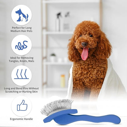 Slicker Brush for Dogs, Large Dog Brush to Long Haired Dogs for Goldendoodles Poodles Doodles Bernedoodles, Long Pin Grooming Kits to Dematting & Reducing Tangles and Fluff, Blue