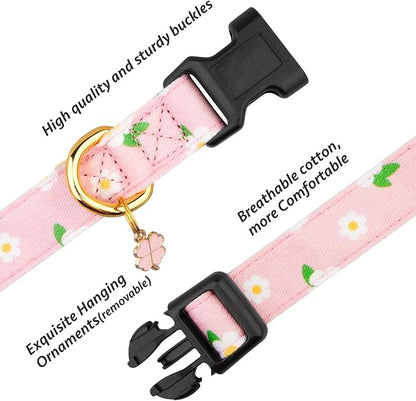 Cotton Handmade Dog Collar Cute and Distinctive Patterns Pink Flower with Pendant for Girl Boy Dogs Collars M