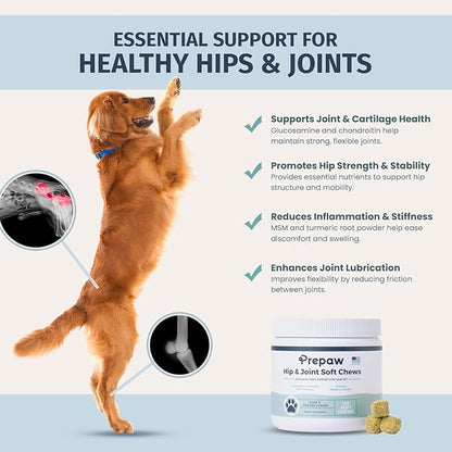 Hip & Joint Support for Dogs | Maximum Strength with Glucosamine, Chondroitin, MSM. Turmeric Root Powder - Relieves Arthritis Pain, Supports Cartilage & Hip Dysplasia - Made in USA - 120 Chews