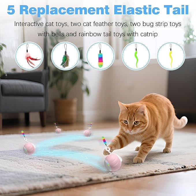 Interactive Cat Toy for Indoor (Sounds&Touch Control) Smart Cat Toys-Automatic Moving Cat Ball Toy-Fast Slow 2Speed with Feathers Tail&Lights for Kittens,Older Cats,Bored Cats,Ferret,USB Rechargeable