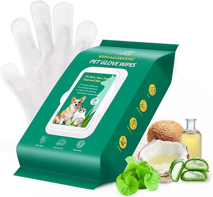 CHPPEY 20PCS Pet Cleaning and Deodorizing Grooming Glove Wipes for Dogs and Cats, Extra Thick Nourish Fur No-Rinse Grooming Wipes for Daily Care and Travel, Hypoallergenic
