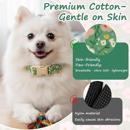 Dog Collar with Floral Patterns, Spring Summer Collection Green Dog Collar with Exquisite Pendant, Durable Adjustable Collars for Gifts & Daily Use-XS