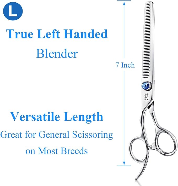 JASON Left Handed 7" 50 Teeth Blending Dog Grooming Scissor, Ergonomic Cats Grooming Thinning Shears Pets Trimming Kit with Offset Handle and a Jewelled Screw, Sharp, Comfortable Blender Christmas