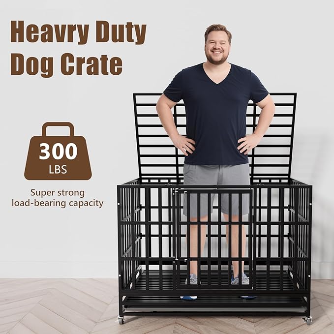 SHUSHIM 48 Inch Heavy Duty Dog Crate Kennel with Wheels, High Anxiety Indestructible Dog Crates for Large Dogs, XL XXL Extra Large Dog Crate with Removable Plastic Tray, Two Locks (Black, Square)