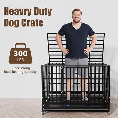 SHUSHIM 48 Inch Heavy Duty Dog Crate Kennel with Wheels, High Anxiety Indestructible Dog Crates for Large Dogs, XL XXL Extra Large Dog Crate with Removable Plastic Tray, Two Locks (Black, Square)