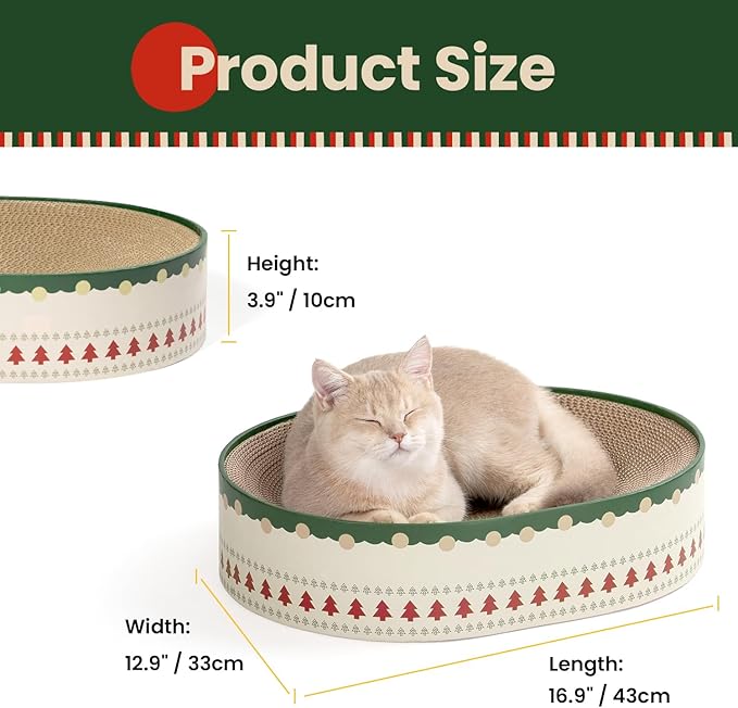 Conlun Cat Scratcher Bed, 2 in 1 Oval Cat Scratching Board for Indoor Kitty Scratch Pad Corrugated Cardboard Lounge Bowl Nest Couch Sofas for Kittens, Includes Cat Toy, Christmas
