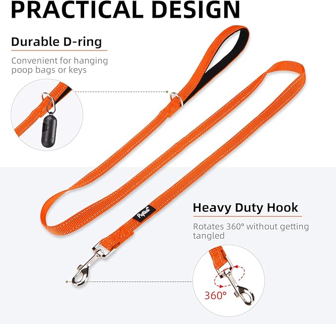 PUPTECK Reflective Dog Leash with Comfortable Padded Handle Durable Nylon Dog Lead for Small Medium and Large Dogs Cats Walking Running Training Outside, Orange