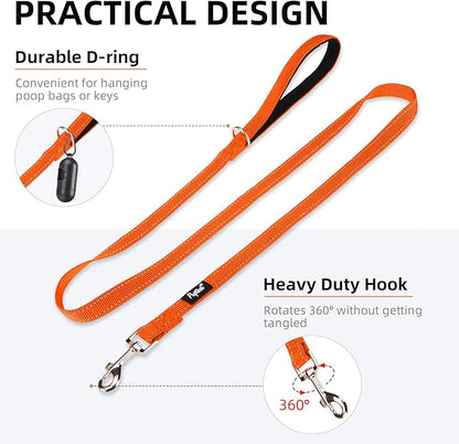 PUPTECK Reflective Dog Leash with Comfortable Padded Handle Durable Nylon Dog Lead for Small Medium and Large Dogs Cats Walking Running Training Outside, Orange