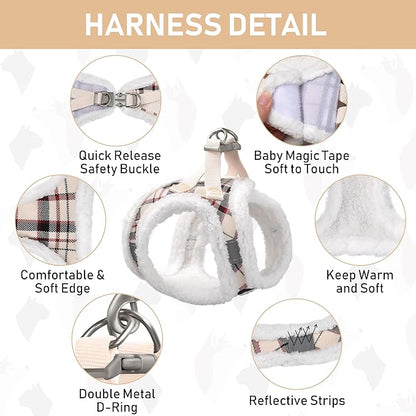 GAMUDA Small Dog Harness Collar and Leash Set, Step in No Chock No Pull Soft Mesh Adjustable Dog Vest Harnesses Plaid Reflective for Dogs Puppy Cats Kitten Rabbit (Warm Beige, XXXS)