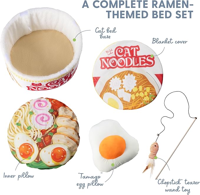 Cat Ladies Ramen Cat Bed - Cozy 5-Piece Soft Nest Set with Blanket Pillows and Teaser Toy - Compact Noodle Bowl-Themed Pet Beds & Furniture - Small Warm Indoor Cushion for Cats