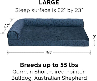 Furhaven Cooling Gel Dog Bed for Large/Medium Dogs w/ Removable Bolsters & Washable Cover, For Dogs Up to 55 lbs - Plush & Almond Print L Shaped Chaise - Blue Almonds, Large