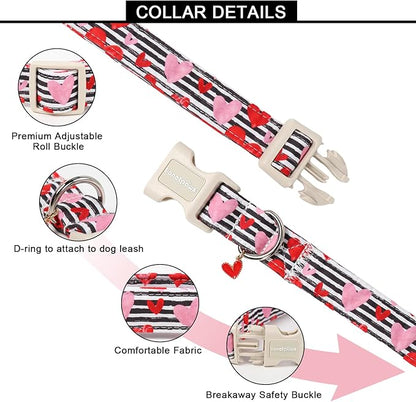 Lionet Paws Valentine's Day Dog Collars - Black and White Stripes Dogs Collar with Plastic Buckle and Red Heart Pendant,Dog Collar for Small Dogs