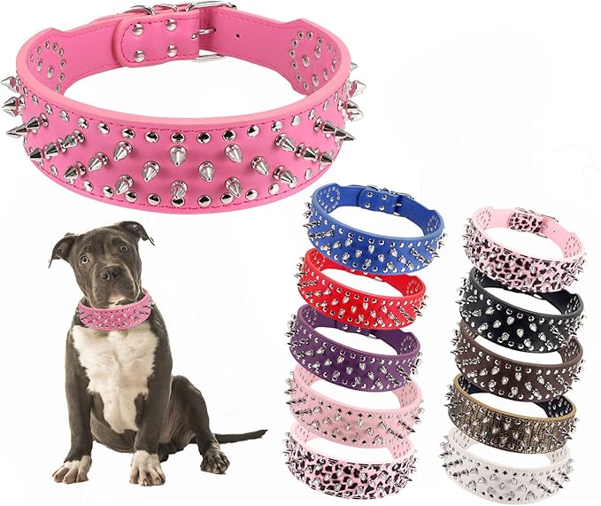Hoot PU Leather Adjustable Spiked Studded Dog Collar 2" Wide 37 Spikes (M(Neck 19"-22"), Rose Red)