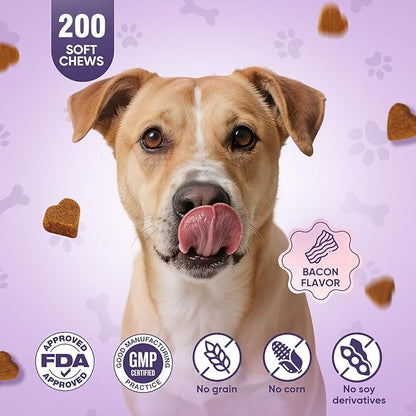 Glucosamine for Dogs 200pcs Joint Support Supplement Dog Hip and Joint Chondroitin Chews Treats with MSM Hemp Dog Joint Pain Relief Mobility Supplements Bacon Flavor Fit All Large Small Medium Breed