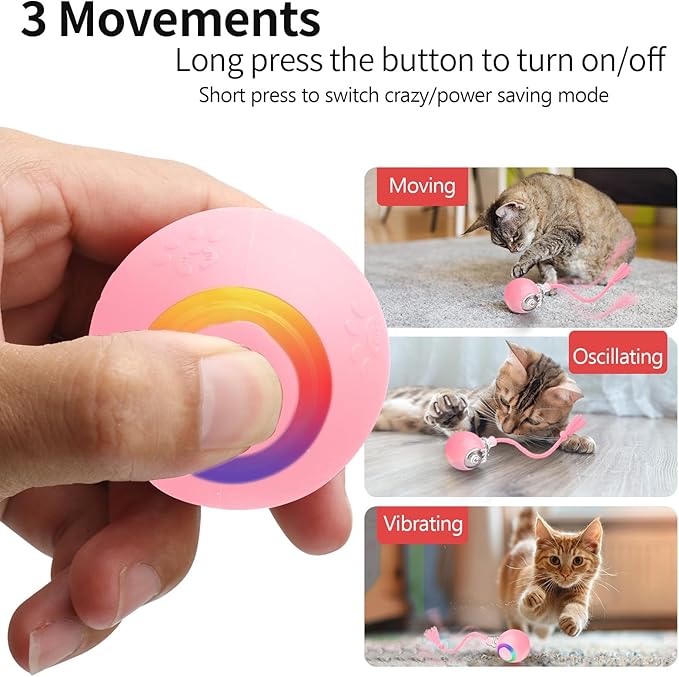 Interactive Cat Toys, Automatic Moving Cat Toys for Bored Indoor Adult Cats, Fast Rolling, Chirping & Motion-Activated Kitty Toys, Fun Gift for Cats with Speedy Tail 2.0, USB Rechargeable (Pink)
