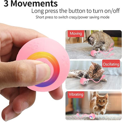 Interactive Cat Toys, Automatic Moving Cat Toys for Bored Indoor Adult Cats, Fast Rolling, Chirping & Motion-Activated Kitty Toys, Fun Gift for Cats with Speedy Tail 2.0, USB Rechargeable (Pink)