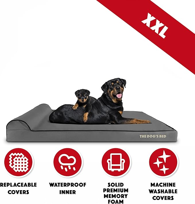The Dog’s Bed Orthopedic Headrest Dog Bed XXL Grey/Black, Memory Foam, Pain Relief for Arthritis, Hip & Elbow Dysplasia, Post Surgery, Lameness, Waterproof Washable Cover, Veterinary Approved