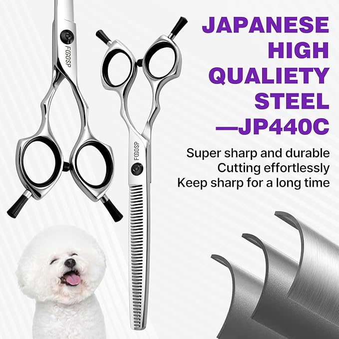 Dog Grooming Scissors Kit 7.5 in Professional Curved Thinning Straight Chunker Shears Grooming Big Dogs Poodle Pet Japan 440C Stainless Steel(7.5'',Kit)