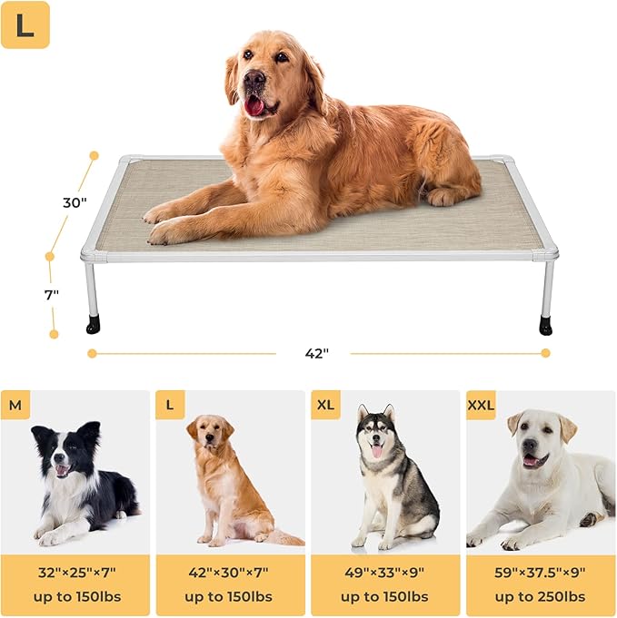 Veehoo Chewproof Elevated Dog Bed - Cooling Raised Pet Cot, Breathable Mesh, Washable & Non-Slip for large Dogs, Indoor/Outdoor, Beige Coffee Mat and Silver Metal Frame, 42x30inches (Model CWC2203B03)
