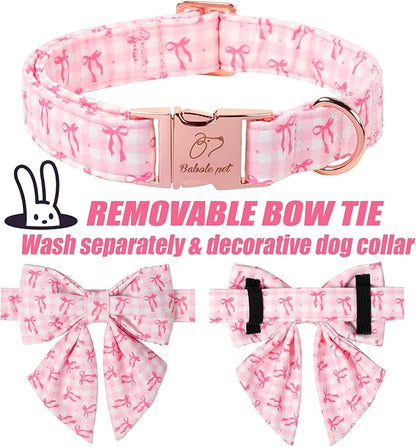 Girl Dog Collar with Lady Bow - Elegent Spring Dog Collrs Girly Pink Bow Sailor Bowtie Collars, Adjustable Metal Buckle Female Dogs Collar for Small Medium Large Dogs M