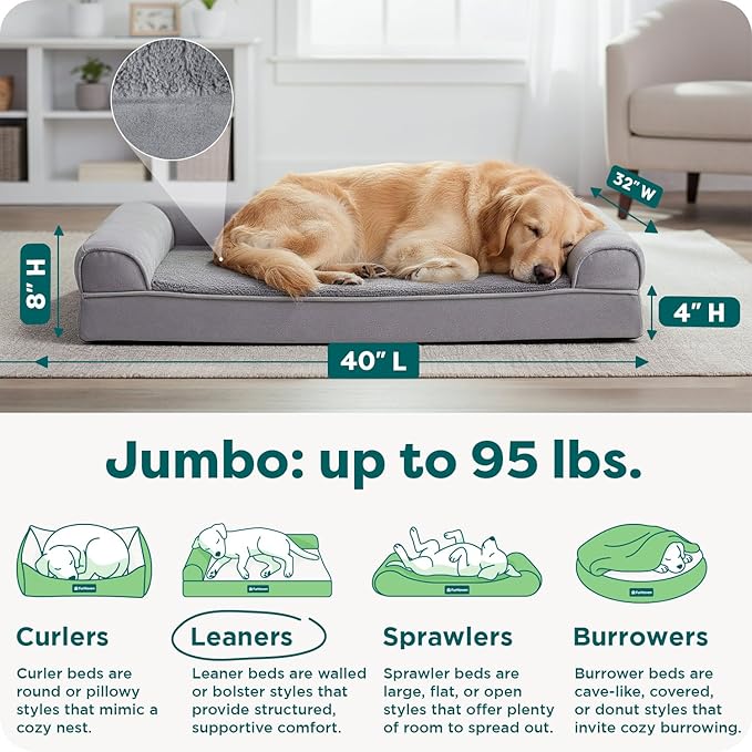Furhaven Orthopedic Dog Bed for Large Dogs w/ Removable Bolsters & Washable Cover, For Dogs Up to 95 lbs - Plush & Suede Sofa - Gray, Jumbo/XL